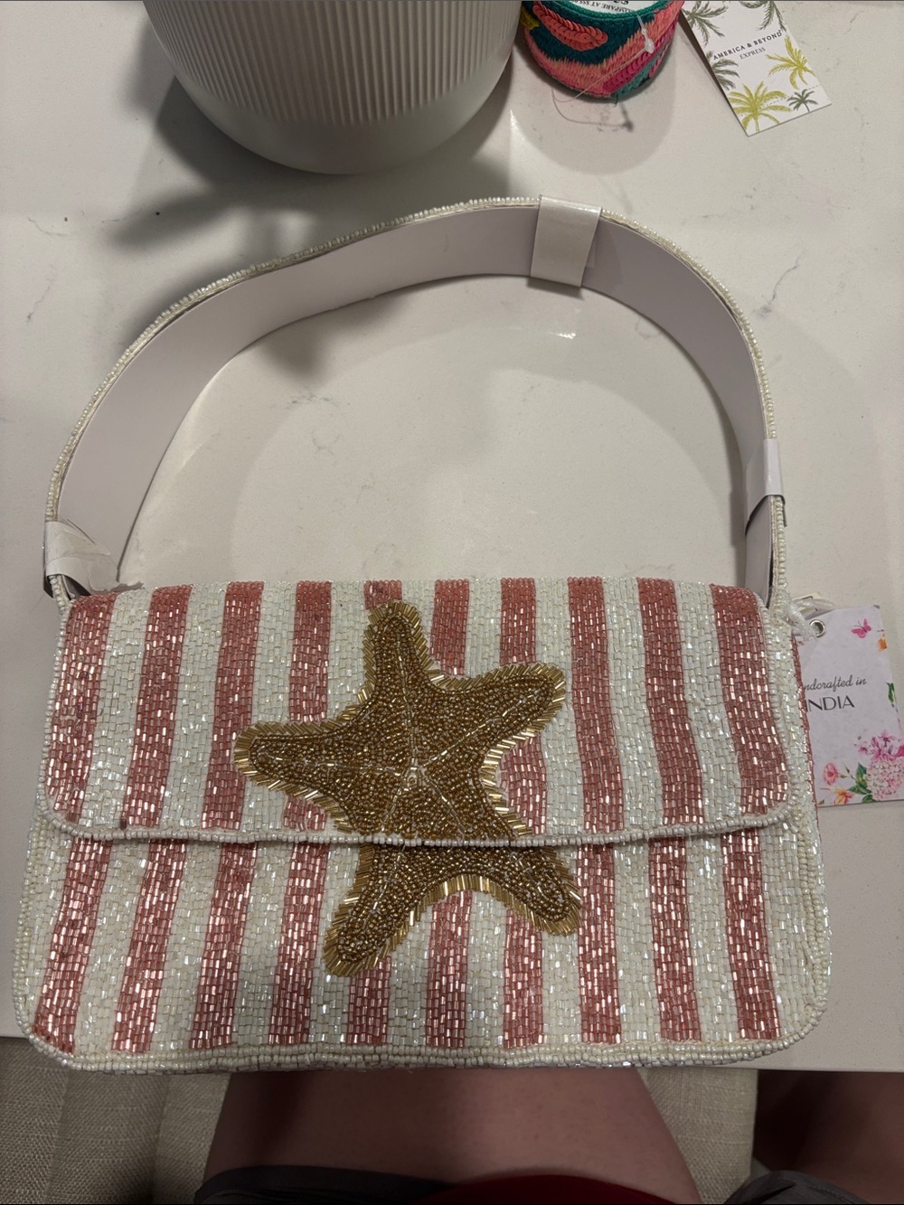 Beaded Starfish Shoulder Bag - White & Pink